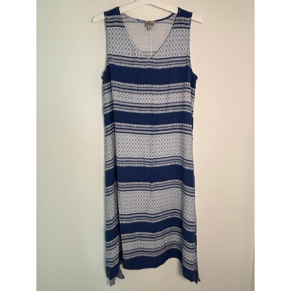 Como Vintage Navy Blue White Geometric Stripe Handkerchief Hem Midi Dressâ Large